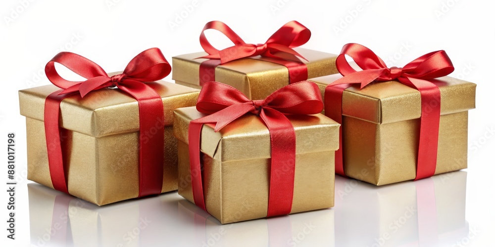 Four Golden Gift Boxes with Red Ribbons, Gift , Present , Celebration , Holiday Four Golden Gift Boxes with Red Ribbons, Gift , Present , Celebration , Holiday