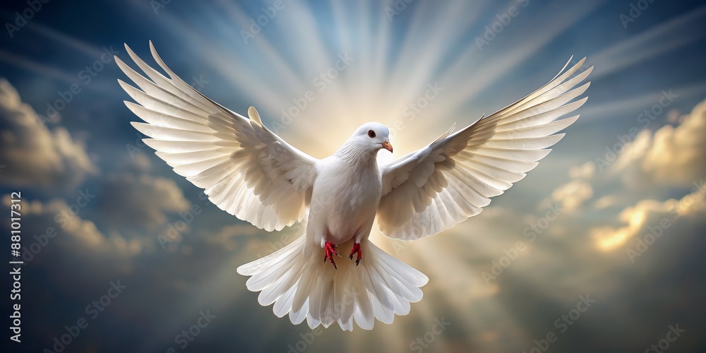 Fototapeta premium Dove of Peace Soaring Through Heavenly Rays, Dove, Peace, Hope, Religion