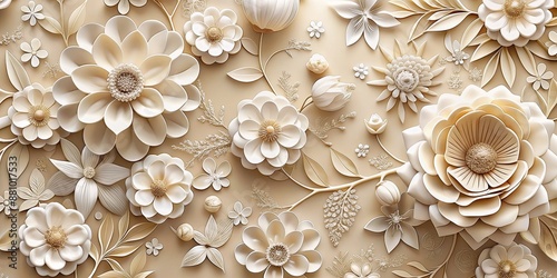 Elegant 3D Paper Flowers, Beige and White Floral Design,  Intricate  Floral Pattern, Art Deco Style, 3D Floral Wallpaper,  floral, 3d