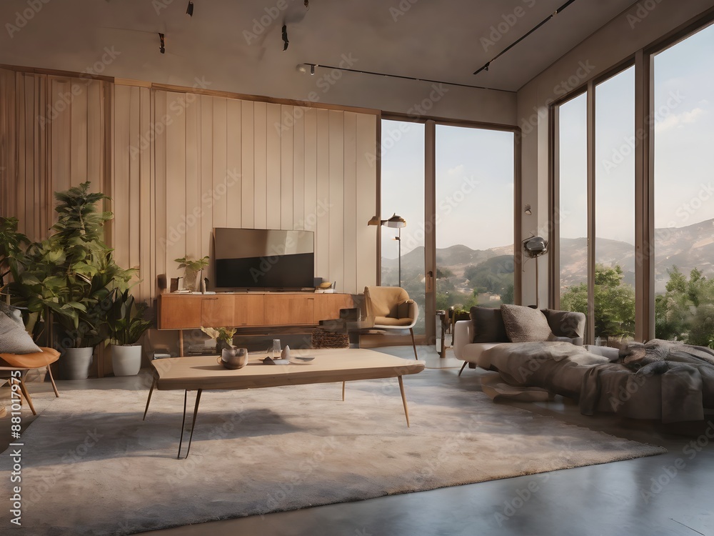 modern living room with table, sofa and big windows modern living room with table, sofa and big windows