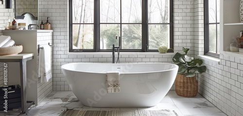 A luxurious bathroom with a freestanding bathtub, modern fixtures, and floor-to-ceiling tiles in a sophisticated design.