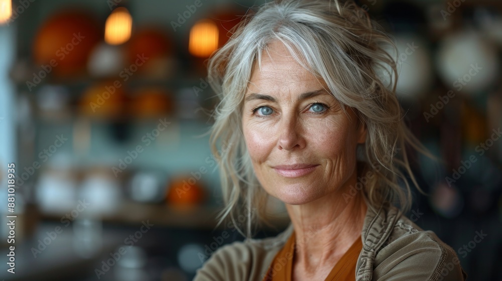 portrait of beautiful caucasian woman 40-50 years old in sportswear in gym looking at camera, copyspace portrait of beautiful caucasian woman 40-50 years old in sportswear in gym looking at camera, copyspace