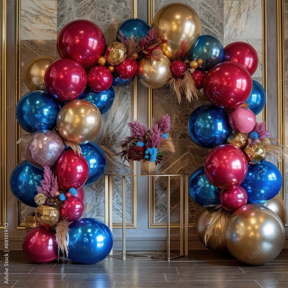 Stylish backdrop featuring an arch of metallic hot pink, red, teal, and gold balloons with hanging decorative lights, creating a vibrant and festive atmosphere ideal for celebrations and events. Stylish backdrop featuring an arch of metallic hot pink, red, teal, and gold balloons with hanging decorative lights, creating a vibrant and festive atmosphere ideal for celebrations and events.