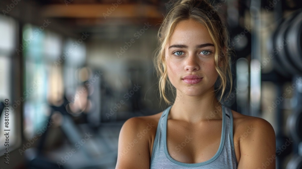portrait of a beautiful Caucasian young woman in sportswear looking at the camera while doing sports in the gym. copyspace portrait of a beautiful Caucasian young woman in sportswear looking at the camera while doing sports in the gym. copyspace