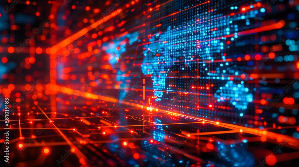 Fototapeta premium Abstract digital world map with glowing lines and dots in red and blue.