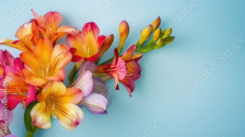 Colorful freesia flower close up on light blue background with shallow focus photo