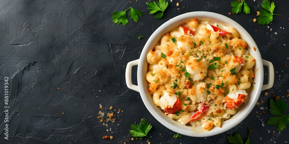 Delicious Lobster Mac and Cheese with Breadcrumbs Top View Horizontal Food Banner. Concept Food Photography, Lobster Dish, Mac and Cheese, Breadcrumbs, Top View Delicious Lobster Mac and Cheese with Breadcrumbs Top View Horizontal Food Banner. Concept Food Photography, Lobster Dish, Mac and Cheese, Breadcrumbs, Top View