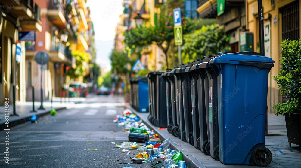Blue trash cans line a city street with overflowing garbage. Blue trash cans line a city street with overflowing garbage.