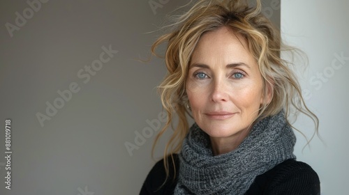 portrait of beautiful caucasian mature woman 50-60 years old looking at camera with scarf on neck, copyspace