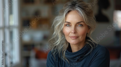 portrait of beautiful caucasian middle-aged long-haired blonde looking at camera friendly, model woman 40-50 years old portrait