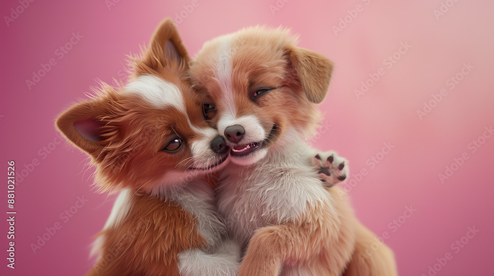 Two hugging dogs on a pink background Two hugging dogs on a pink background