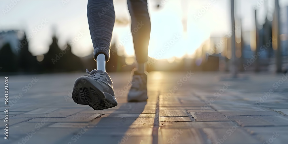 Obraz premium Inspiring Perseverance Closeup of Disabled Athlete with Prosthetic Leg Walking Outdoors. Concept Ability and Determination, Overcoming Adversity, Adaptive Sports, Hopeful Transformation