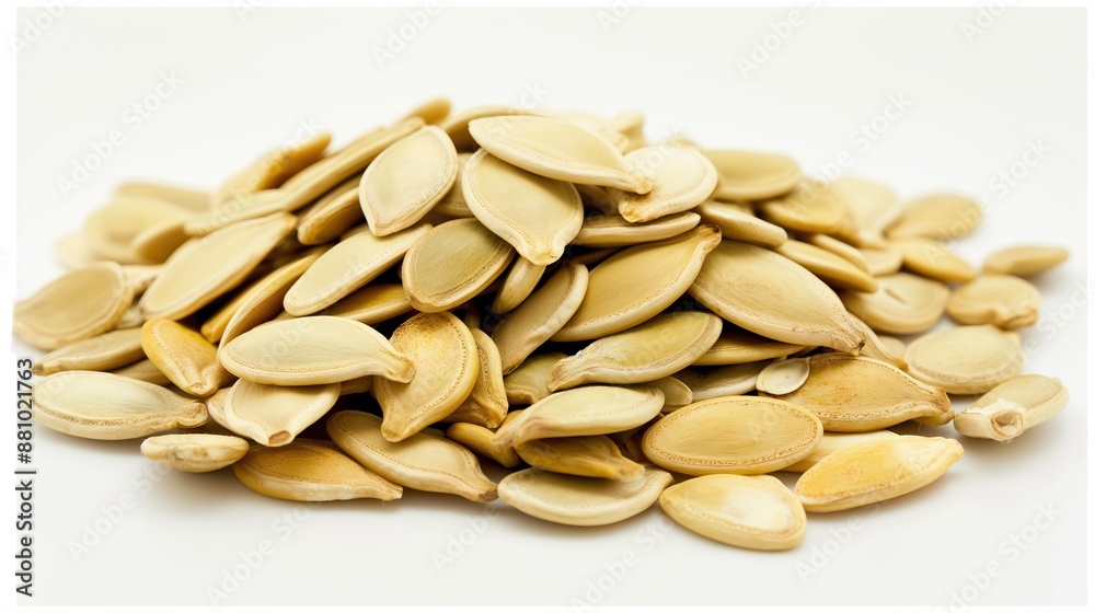 close up side view on pumpkin seed pile heap on white background close up side view on pumpkin seed pile heap on white background