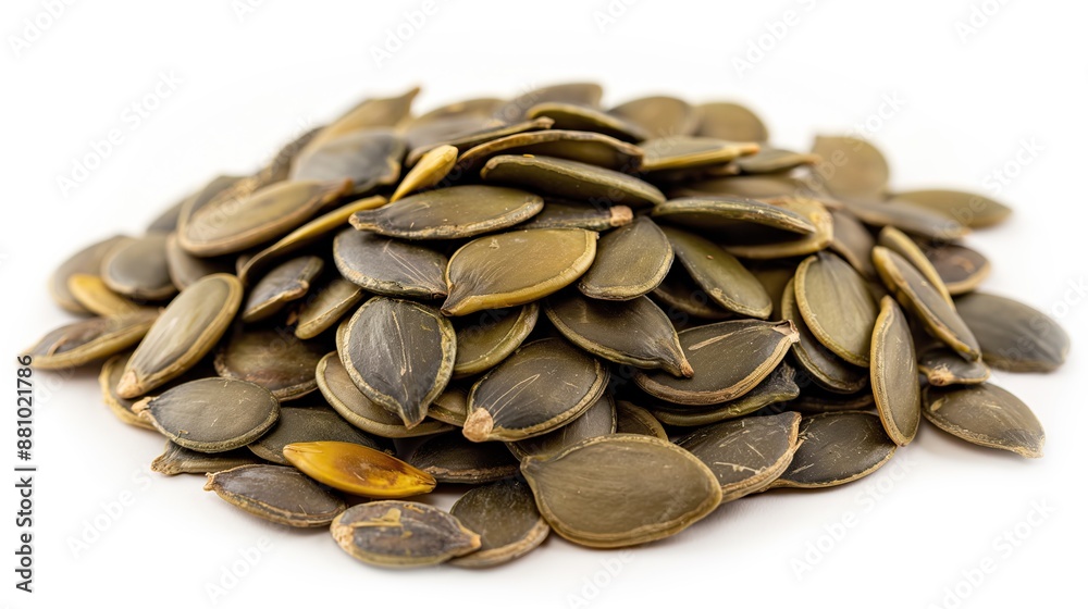 close up side view on pumpkin seed pile heap on white background close up side view on pumpkin seed pile heap on white background