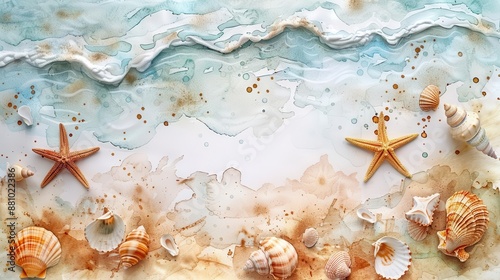 Seashells and starfish on a sandy beach with a wave breaking in the background.  Perfect for summer or beach themed designs. photo