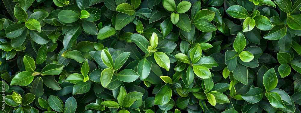 Obraz premium A top view of lush green leaves on a boxwood hedge, providing an elegant and refreshing background for various applications. Top down view of nature.