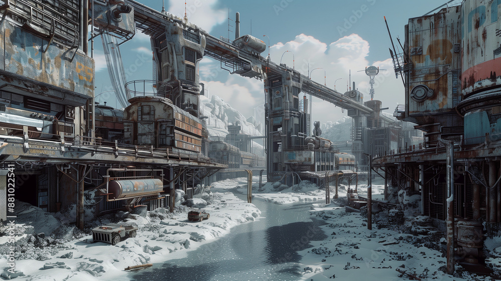 Fototapeta premium A rusted industrial bridge stretches over a frozen river amidst snow-covered ruins and structures