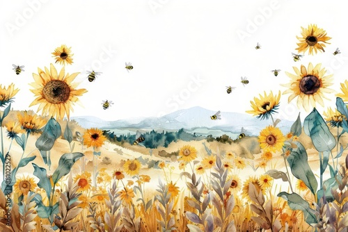 Watercolor painting of a field of sunflowers with bees flying around.  A distant mountain range is in the background.