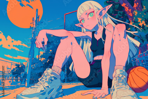 Fantasy Elf Basketball Player in Urban Setting with Neon Colors and Vibrant Art Style
