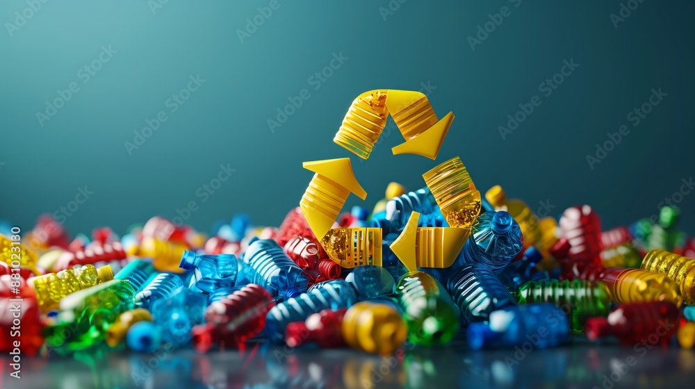 Obraz premium Colorful Arrows Forming Recycle Sign Above Waste Illustrating Sustainable Behavior Commitment To Environment And Reduction Of Plastic Pollution