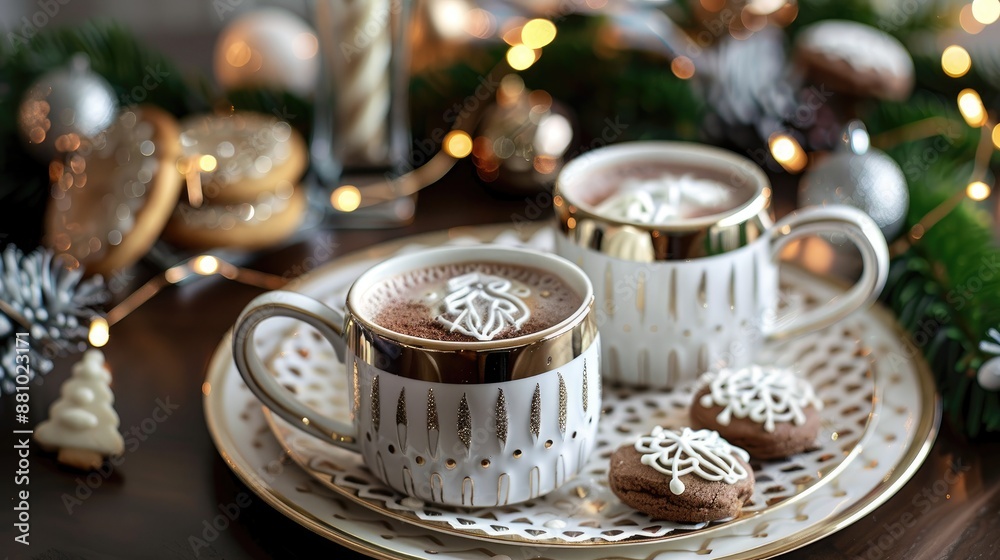 Elegant mugs with hot chocolate and mini cookies on a Christmas table Elegant mugs with hot chocolate and mini cookies on a Christmas table