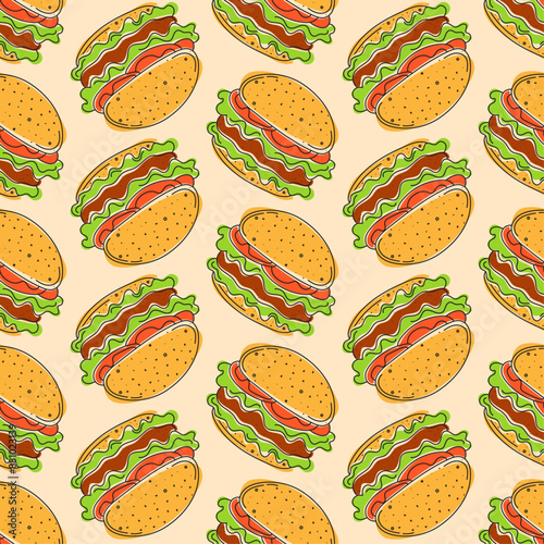hamburger seamless pattern, food flat illustration, cartoon hand drawn style