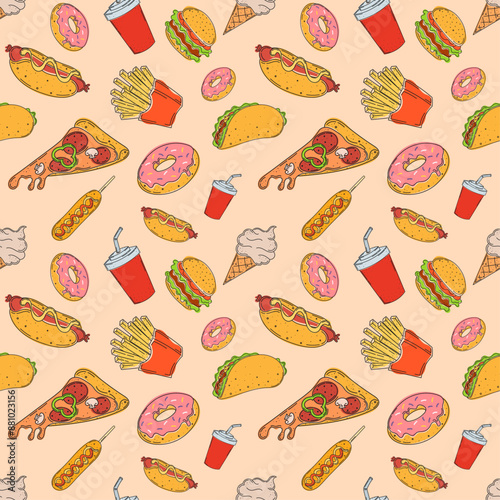 fast food seamless pattern, french fries, hamburger, donut, hot dog, pizza, taco, ice cream, cola, corn dog