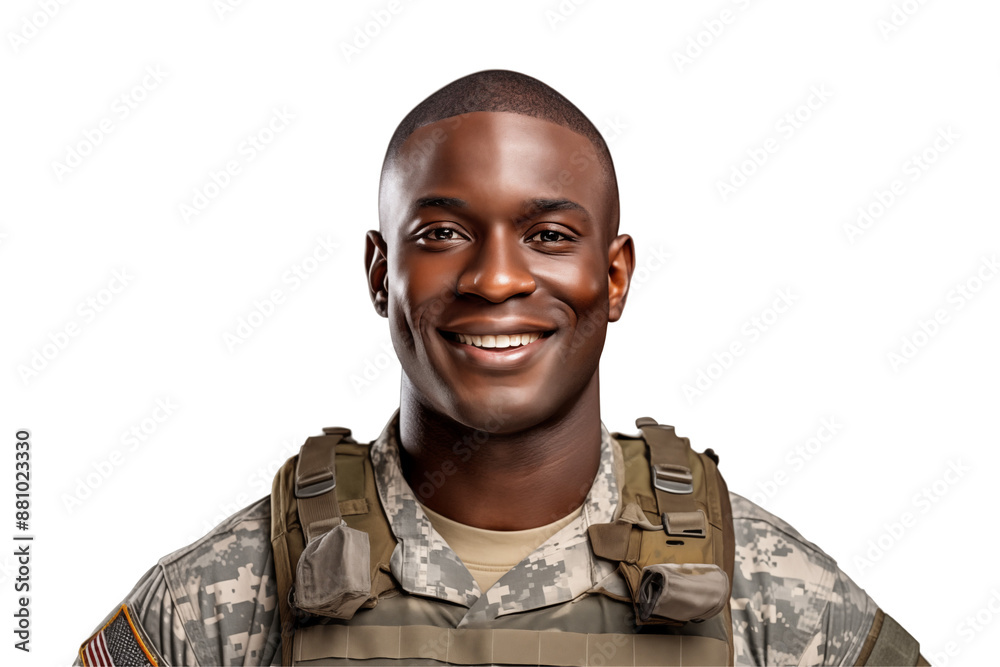 Smiling afro american soldier on transparent background. Smiling ...