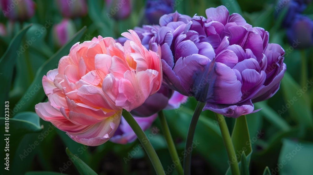 Fototapeta premium Pink and purple tulips Double peony tulips isolated Colorful flowers for holidays Celebrating mothers and women Welcoming Spring Double late tulips