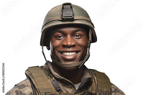 Smiling afro american soldier on transparent background. Smiling african soldier isolated on transparent background png cutouts. Army World. American army. Image for graphic designer. Africa.