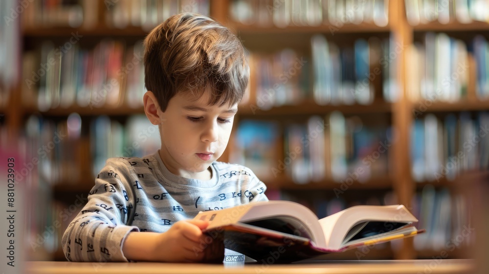 Little boy engrossed in reading at a library, Child Reading, quiet and studious atmosphere Little boy engrossed in reading at a library, Child Reading, quiet and studious atmosphere