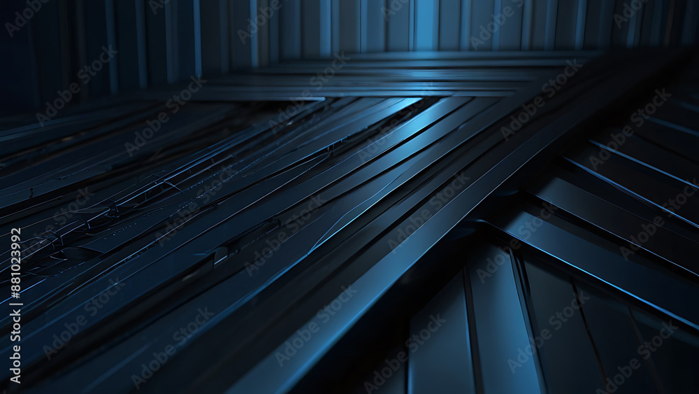 Abstract background with black lines and geometric shapes, dark blue gradient, modern style, sharp edges, light reflection on the surface of the metal strips. Abstract background with black lines and geometric shapes, dark blue gradient, modern style, sharp edges, light reflection on the surface of the metal strips.