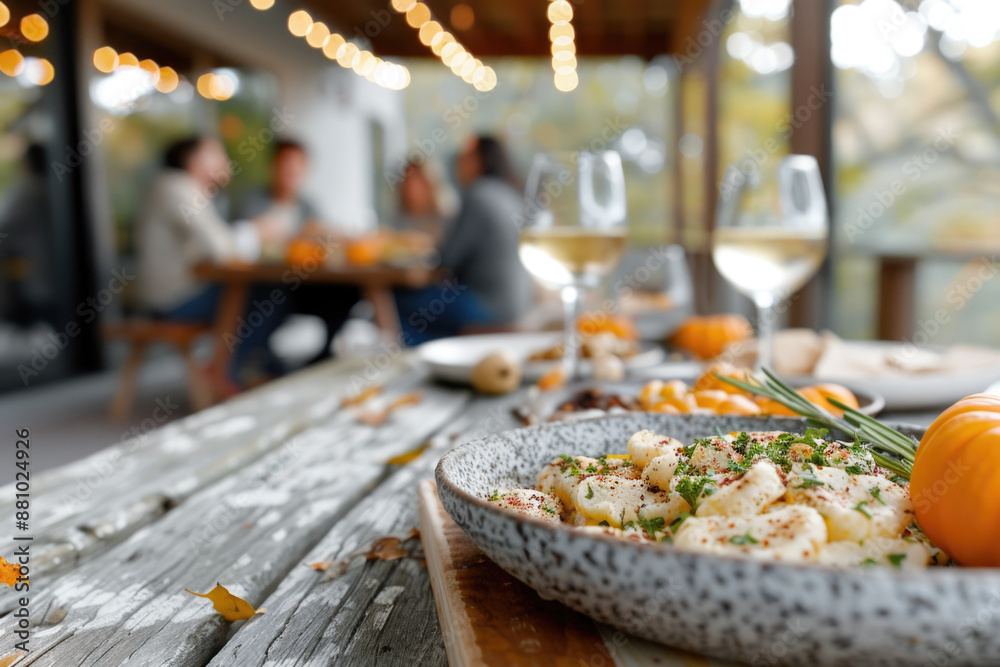 Obraz premium Thanksgiving table setting outdoors with pumpkins and candles. Autumn home decoration