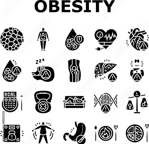obesity overweight fat obese icons set vector. weight body, woman belly, diet lifestyle, health person, loss healthy, fit obesity overweight fat obese glyph pictogram Illustrations
