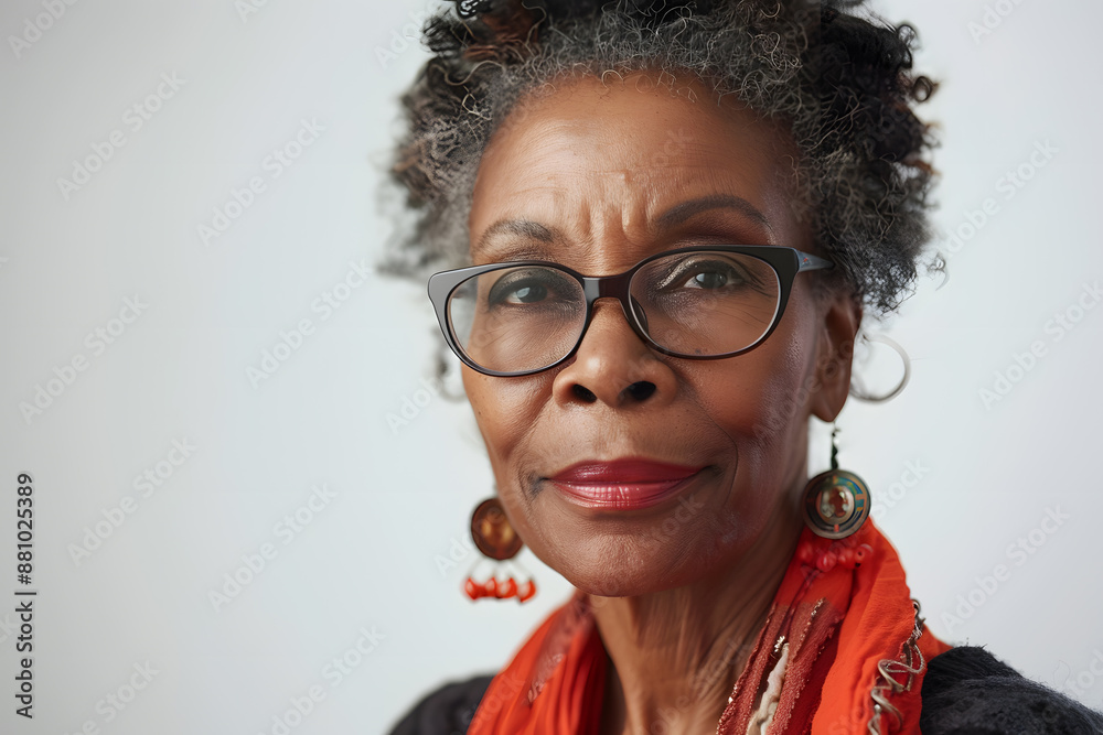 Closeup photo portrait of a happy beautiful elderly mature African American woman smiling isolated on white background