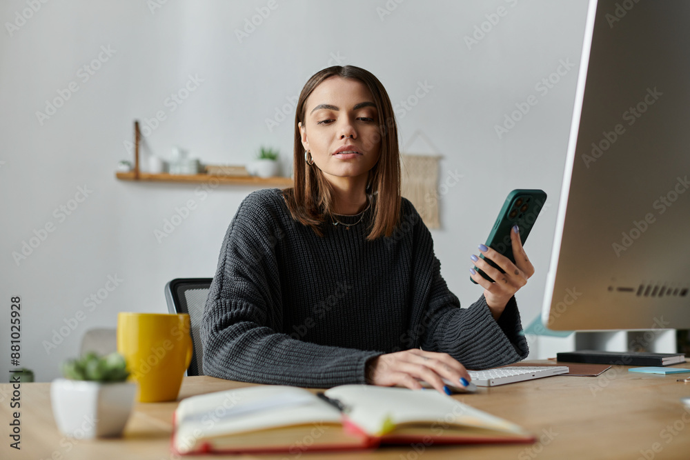 A young woman in a grey sweater sits at a desk in her home office, working on her laptop while holding a phone in her hand. A young woman in a grey sweater sits at a desk in her home office, working on her laptop while holding a phone in her hand.