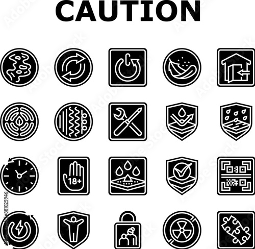 product caution label warning icons set vector. odor control, reversible, automatic shut down, lightweight, indoor use only product caution label warning glyph pictogram Illustrations