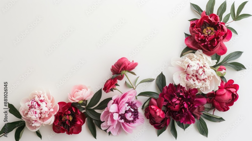 Red and pink peonies arranged in a corner on a white backdrop Red and pink peonies arranged in a corner on a white backdrop
