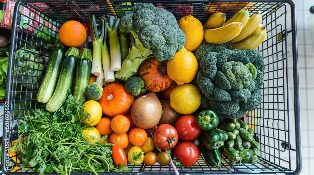 Top-down view of a supermarket cart filled with a variety of fresh vegetables and fruits, healthy grocery shopping Top-down view of a supermarket cart filled with a variety of fresh vegetables and fruits, healthy grocery shopping