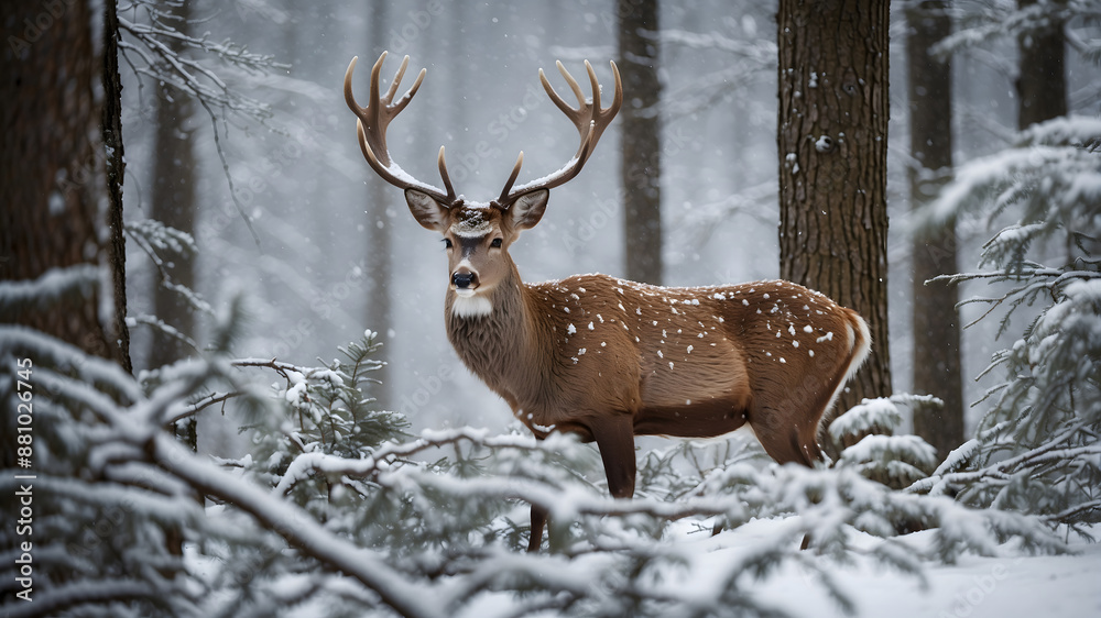 Fototapeta premium Title Majestic Deer in Snowy Forest - Enchanting Wildlife Scene in Winter Wonderland 