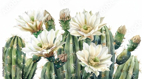 Watercolor painting of a cactus plant blooming with white flowers.