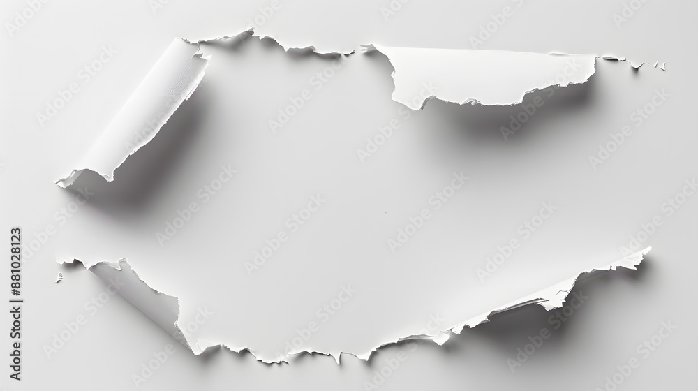 White sheet of paper with a large torn hole, white background White sheet of paper with a large torn hole, white background