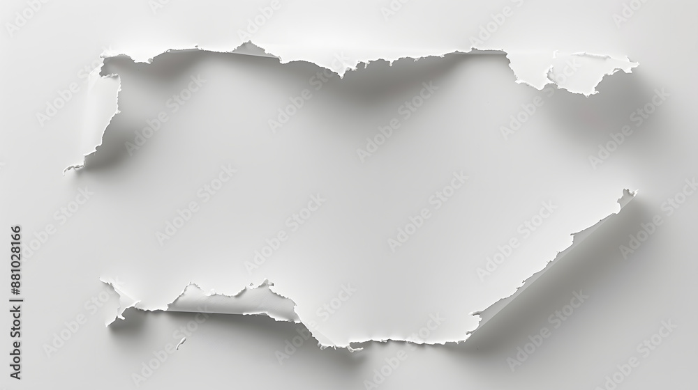 White sheet of paper with a large torn hole, white background White sheet of paper with a large torn hole, white background