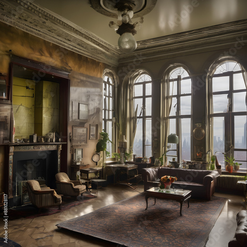 Vintage Living Room with City View and Antique Furnishings