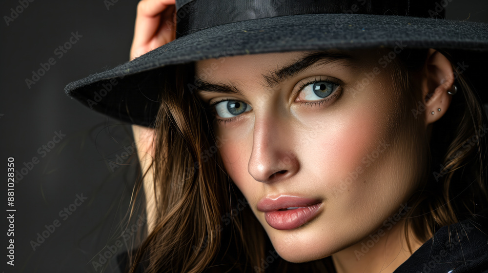 young woman, confidently posing with a retro fedora hat young woman, confidently posing with a retro fedora hat