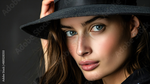 young woman, confidently posing with a retro fedora hat