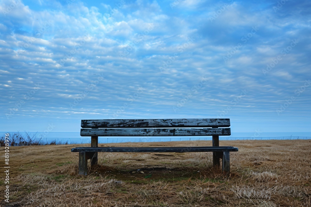 Serene Bench Overlooking a Tranquil Horizon Under a Cloudy Sky Serene Bench Overlooking a Tranquil Horizon Under a Cloudy Sky