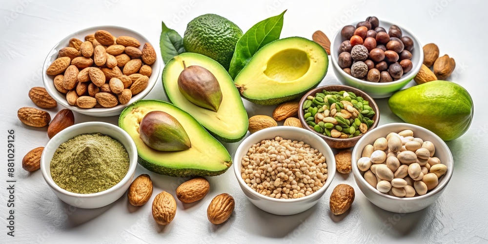Healthy Food Composition Avocado, Almonds, and Other Nuts in Bowls, healthy food, nutrition, vegetarian diet, vegan lifestyle Healthy Food Composition Avocado, Almonds, and Other Nuts in Bowls, healthy food, nutrition, vegetarian diet, vegan lifestyle