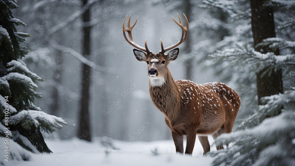 Majestic deer in a snowy forest - wildlife, Christmas Majestic deer in a snowy forest - wildlife, Christmas