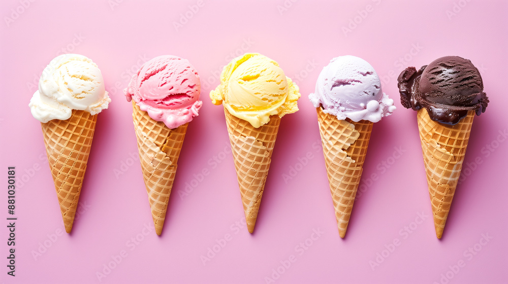 Five assorted flavors of cone ice cream Five assorted flavors of cone ice cream